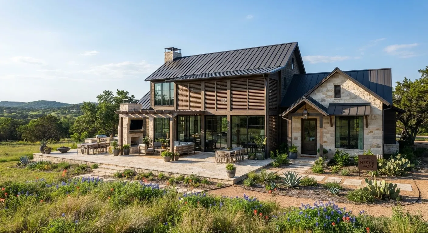 Architectural exterior view of an eco-conscious modern farmhouse in Dripping Springs Texas.