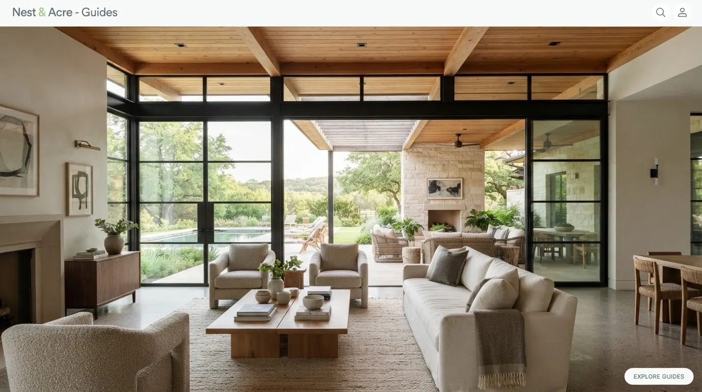 Architectural interior of a high-end Austin modern home with warm Douglas fir ceilings, floor-to-ceiling blackened steel glass walls opening to a…