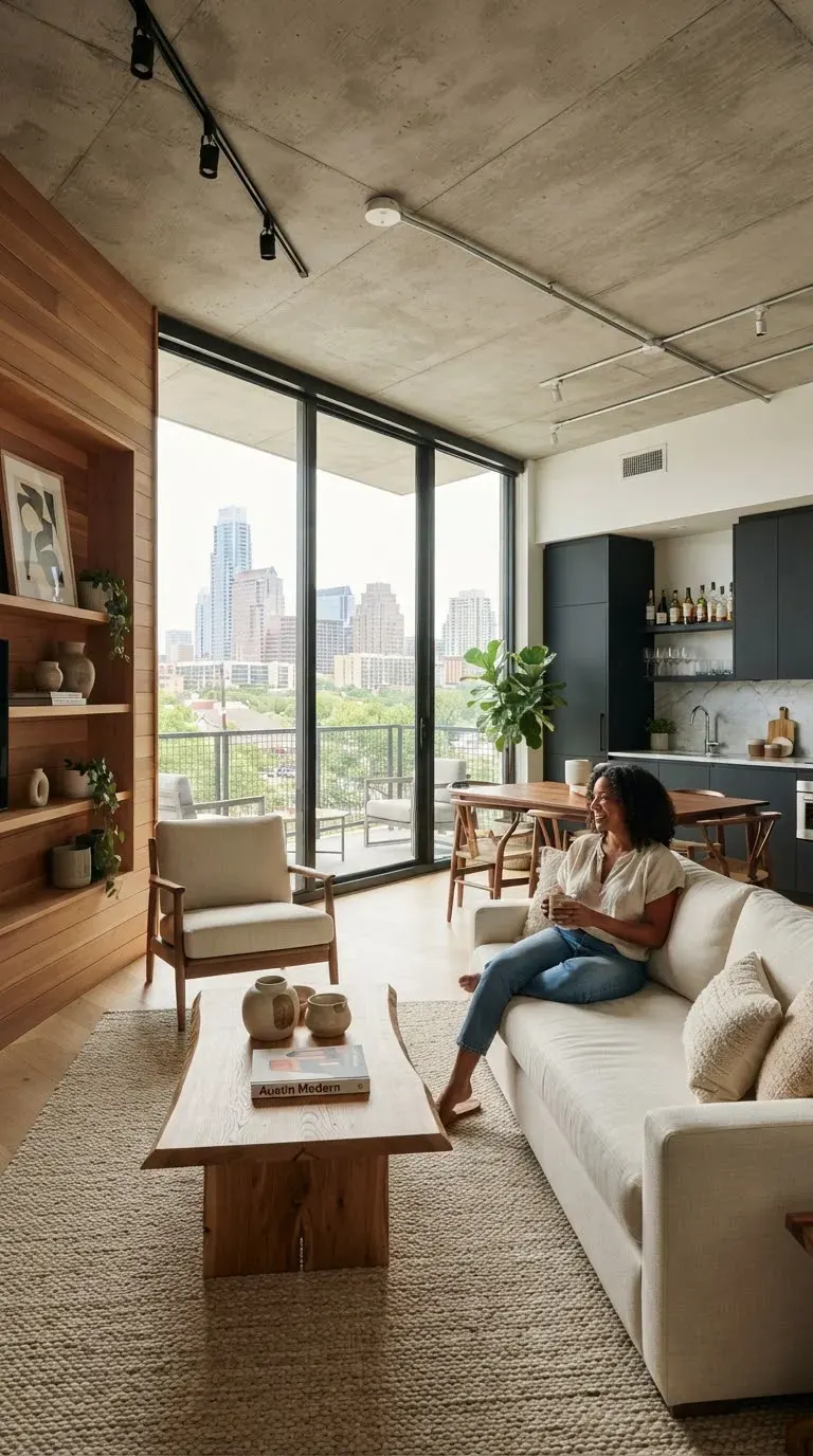 Architectural modern flat in South Congress Austin with exposed concrete ceilings, warm cedar paneling, floor-to-ceiling glass wall, and designer…