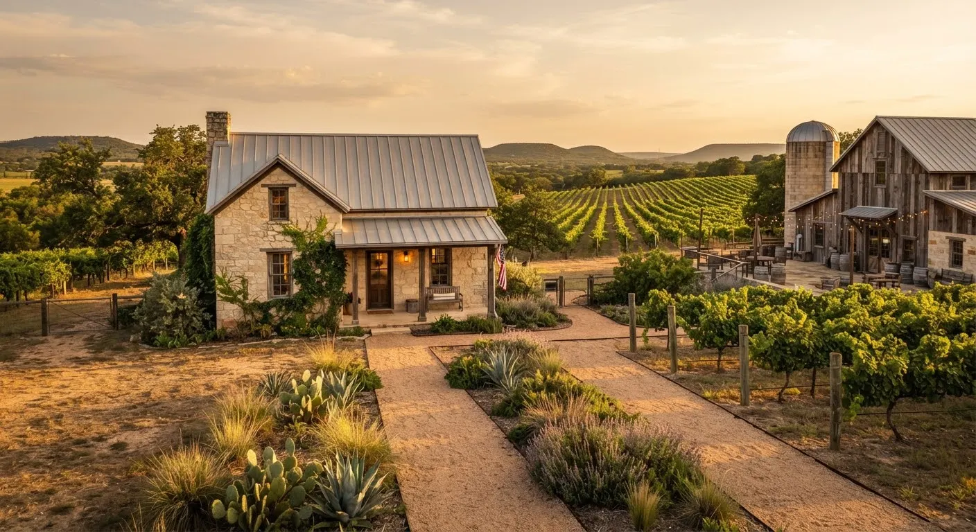 A legacy German limestone Sunday house in Fredericksburg, Texas.
