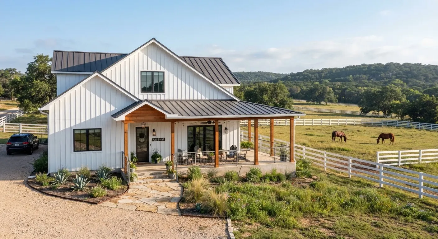 A modern Texas farmhouse rental residence in Dripping Springs.