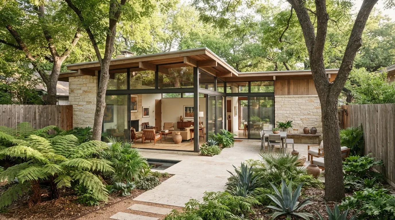 A restored mid-century modern home nestled among lush heritage pecan trees in Zilker, Austin.