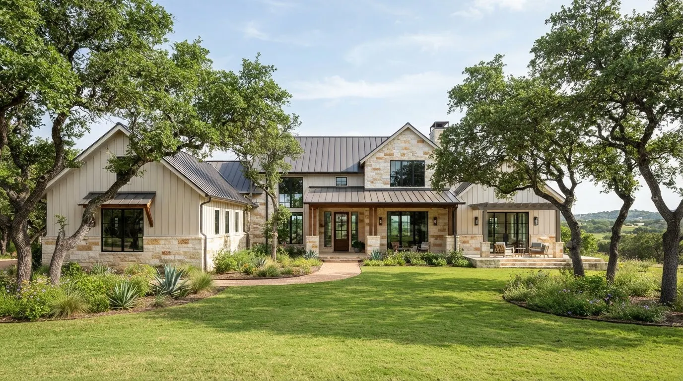 A Texas modern farmhouse in Dripping Springs featuring light limestone stonework, black frame windows, standing seam metal roof, and an open grass…
