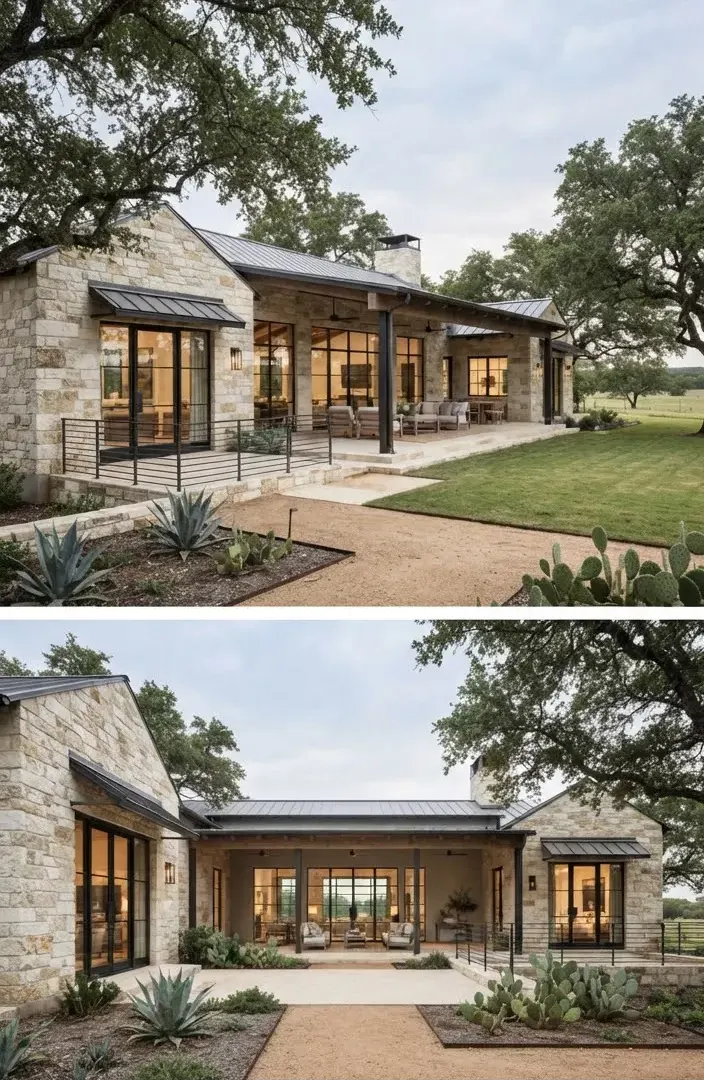 A Texas modern ranch estate constructed with dry-stack Texas limestone and raw blackened steel accents, surrounded by mature live oak trees under…
