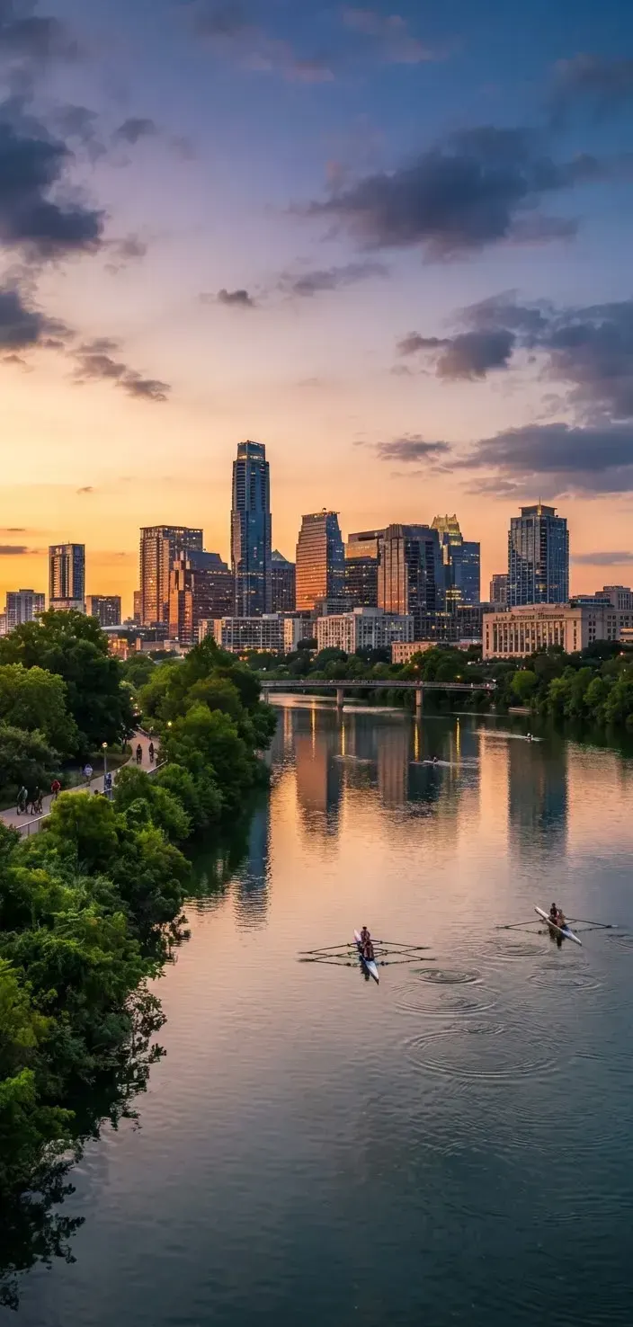 Austin Texas skyline during sunset seen across Lady Bird Lake with rowers and lush green shoreline reflecting warm golden hues.