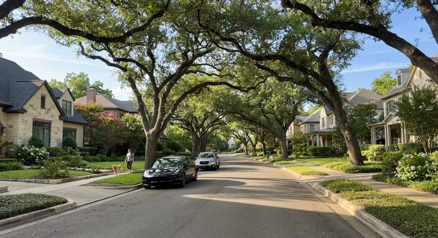 Austin tree-lined street in central neighborhood with historic oaks, stone curbs, and upscale quiet residences.