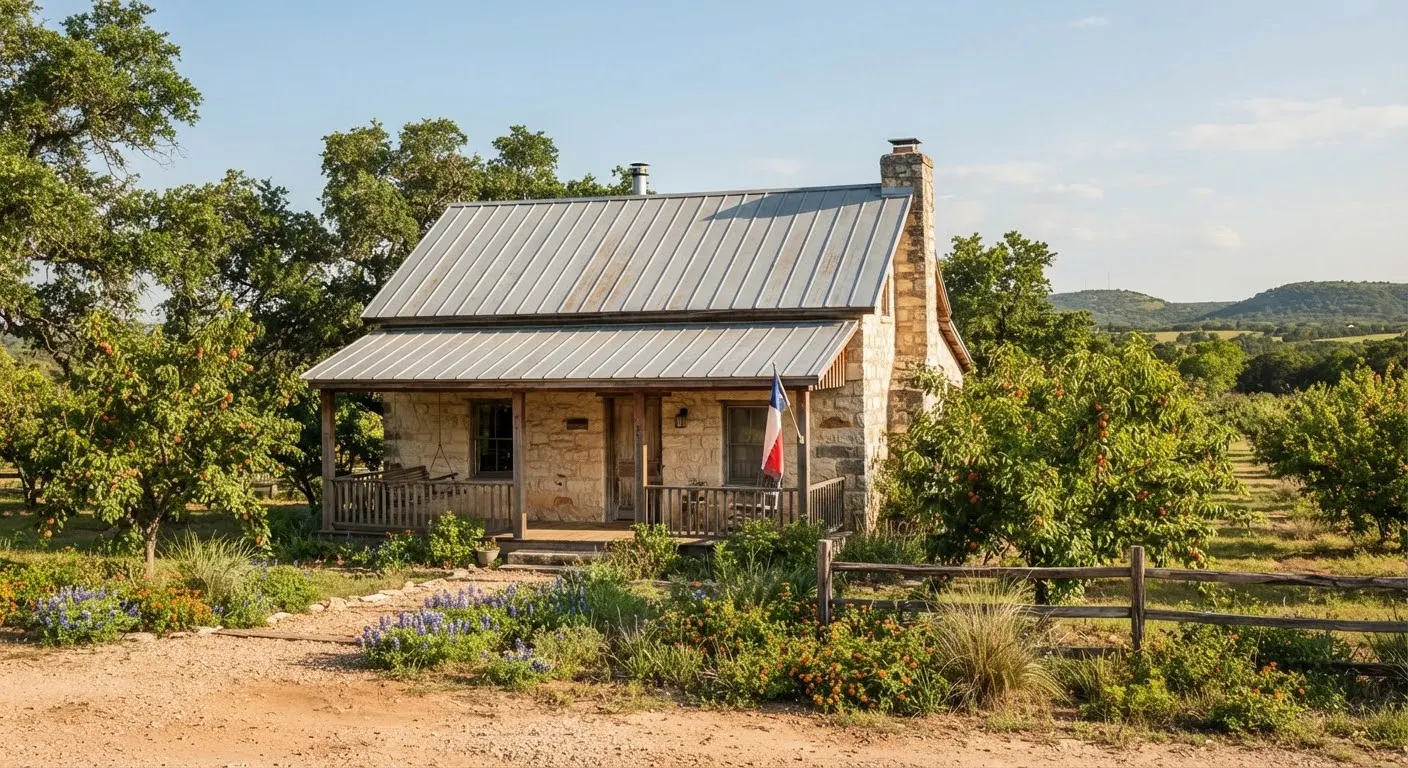 Authentic 19th-century German pioneer hand-hewn limestone farmhouse in Fredericksburg Texas, preserved with standing-seam tin roof and surrounding…