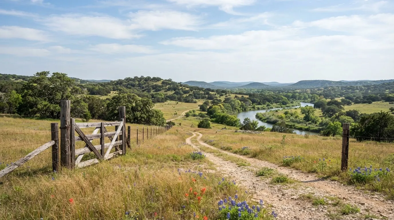 Johnson City Texas showing expansive Pedernales River country with sweeping savannah grasses, rustic timber cattle gates, and live oak clusters.
