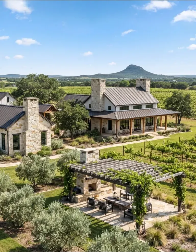 Bell Mountain Compound, a stone ranch home with pergola and olive grove near Fredericksburg