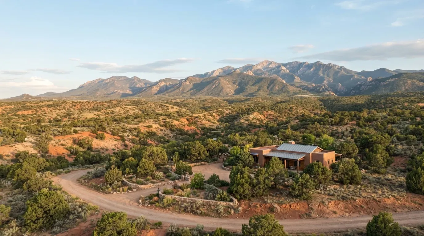 Broad high-desert foothills in Santa Fe County, New Mexico dotted with fragrant pinyon and juniper woodlands against a background of the Sangre de…