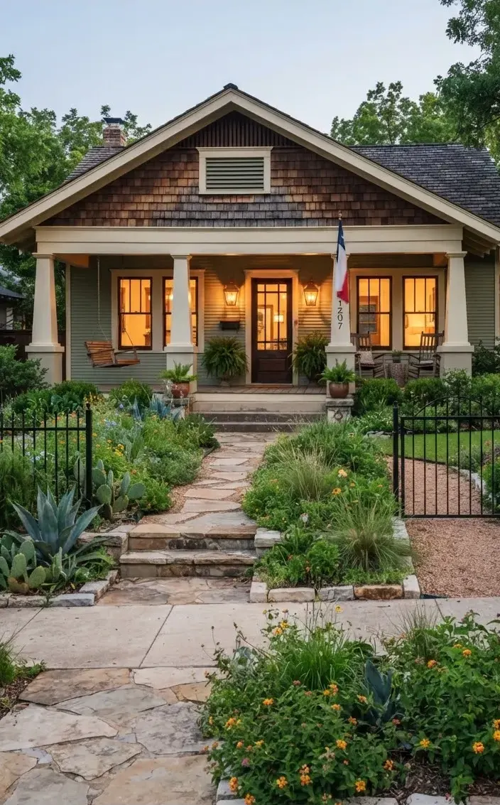 Charming historic Clarksville Craftsman bungalow exterior with a wide covered front porch, restored dark wood window frames, lush manicured native…