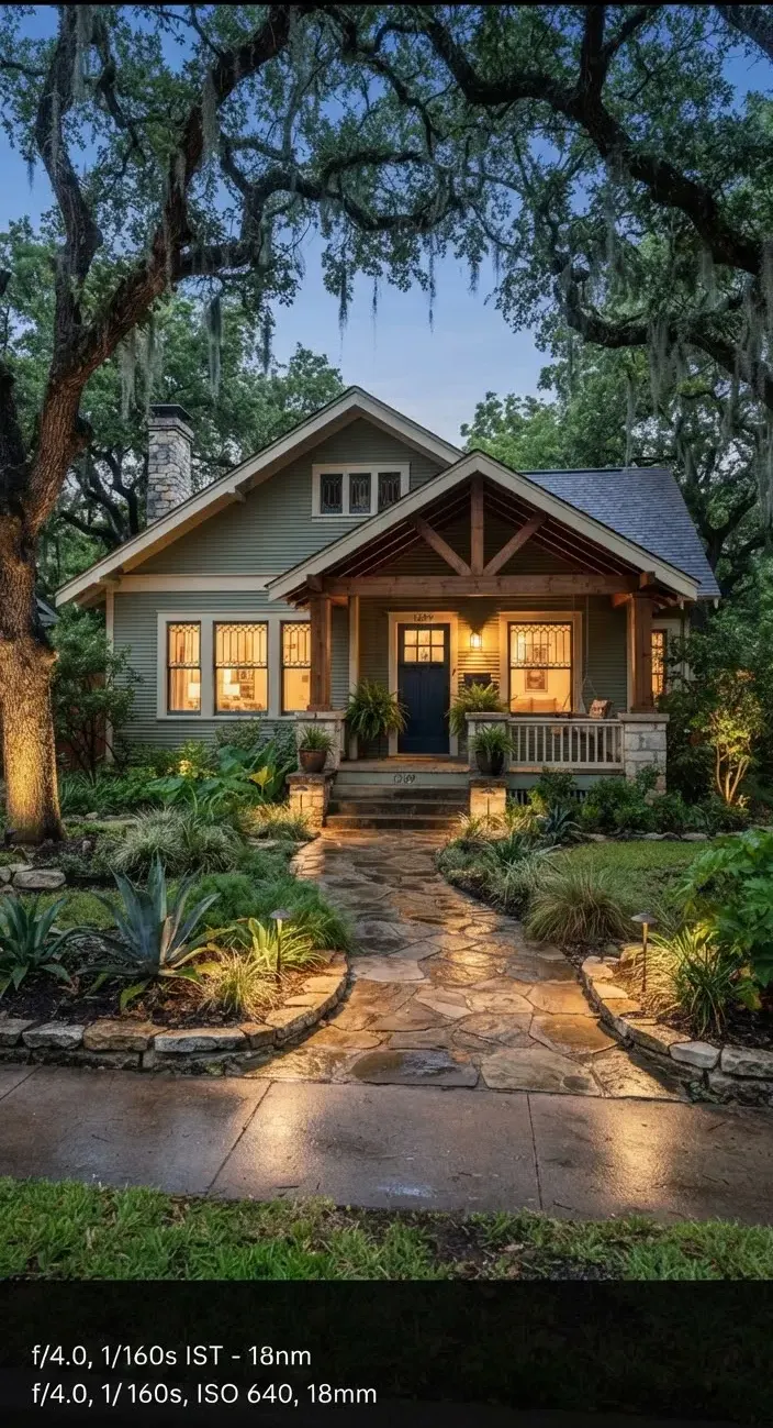 Charming historic craftsman bungalow in Clarksville Austin surrounded by ancient live oak trees, stone walkways, deep covered porch with wood beam…