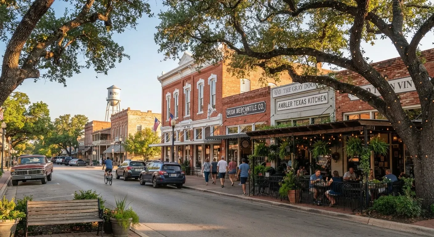 Charming Texas town scene in Buda, Texas.