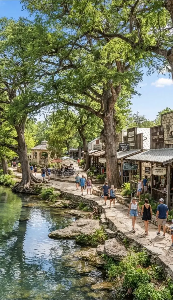 Charming Wimberley town square with shaded ancient cypress trees along the Blanco River and artisanal limestone shops.