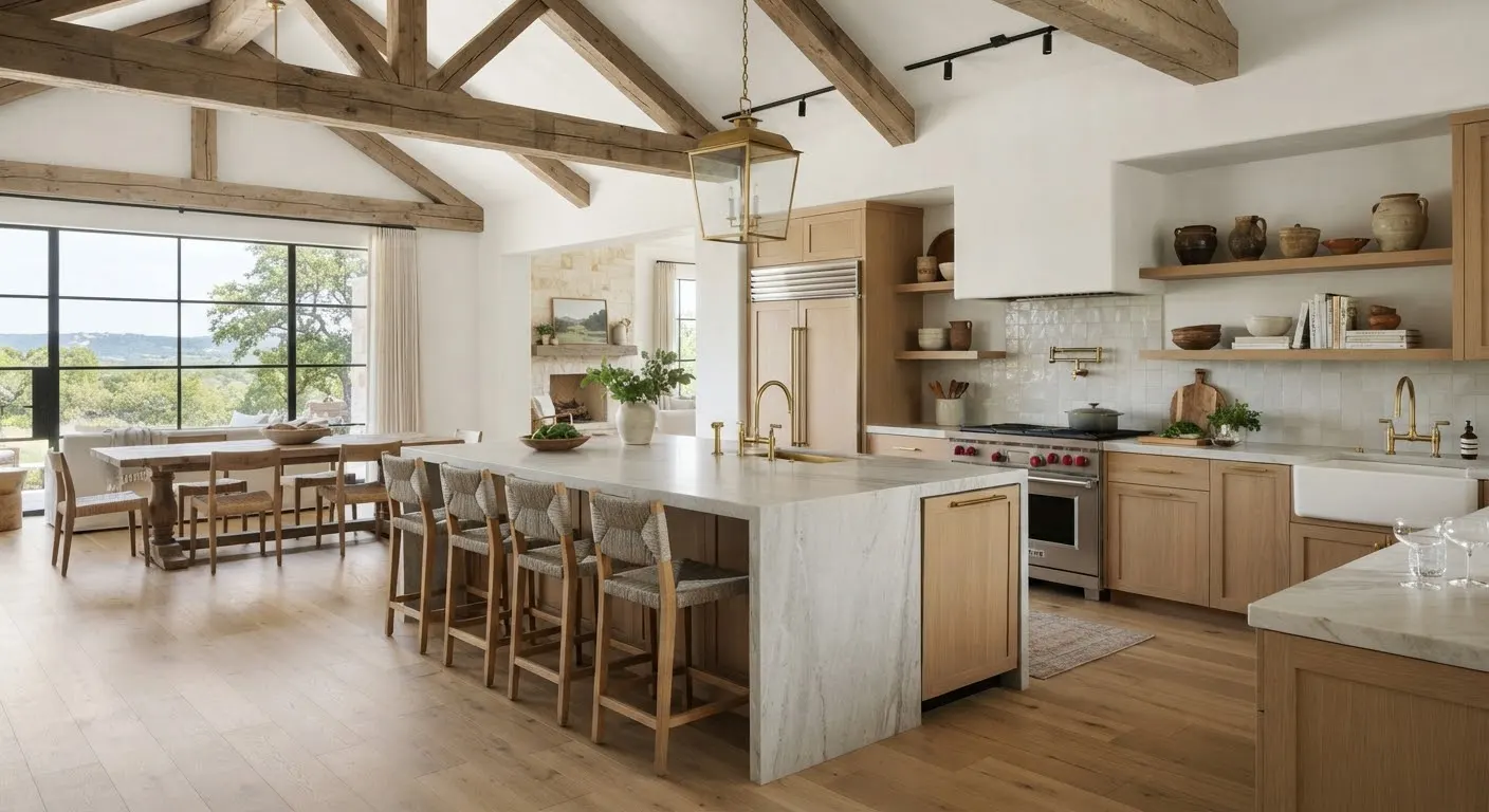 Chef's kitchen with timber ceiling beams, stone island, Sub-Zero refrigeration and wide-plank oak floors