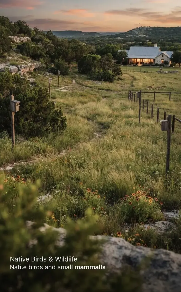 Native Texas wildlife habitat on an expansive limestone ranch estate, showing cedar clearing, wild grasses, deer trails, and nesting boxes under…