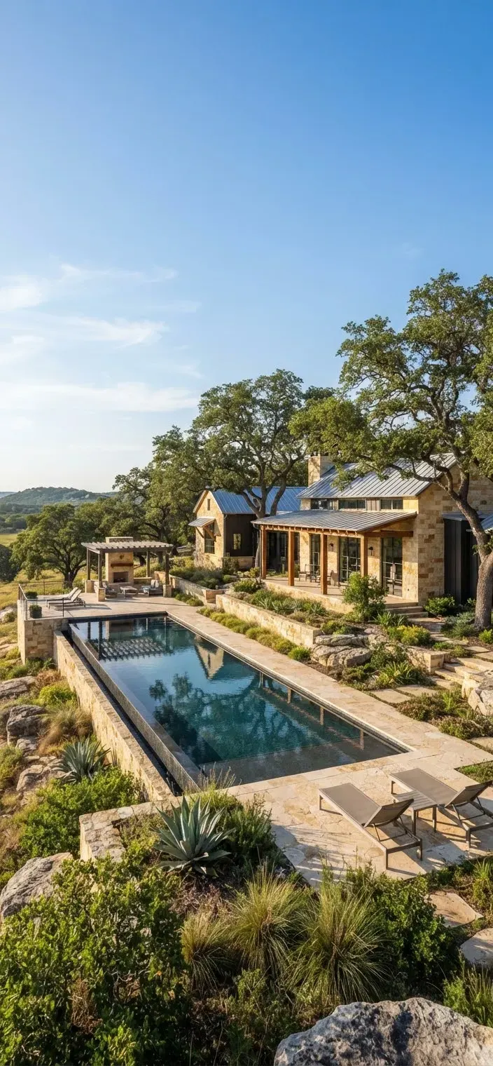 Classic Texas Hill Country modern homestead surrounded by ancient live oaks and golden limestone rock formations under clear serene skies with lap…