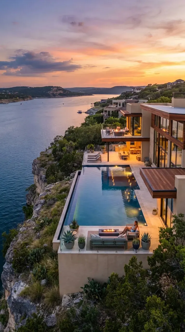 Cliffside architectural compound perched above the deep blue waters of Lake Travis in Lakeway Texas during sunset.