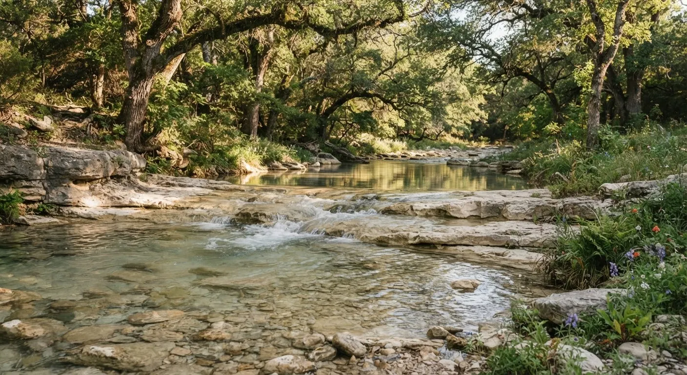 Clear creek water flowing over pale limestone shelves and shallow rapids in Central Texas.