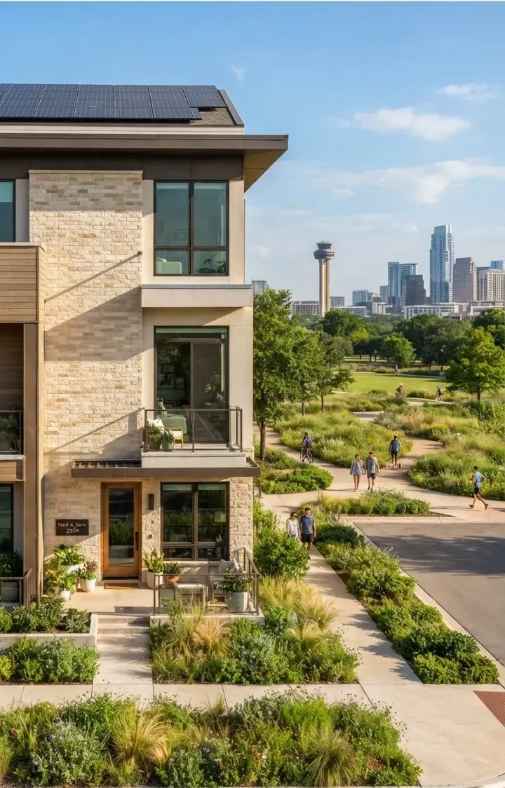 Contemporary eco-luxury Mueller Austin townhouse facing an open public park, light warm limestone brick facade, rooftop solar arrays integrated…