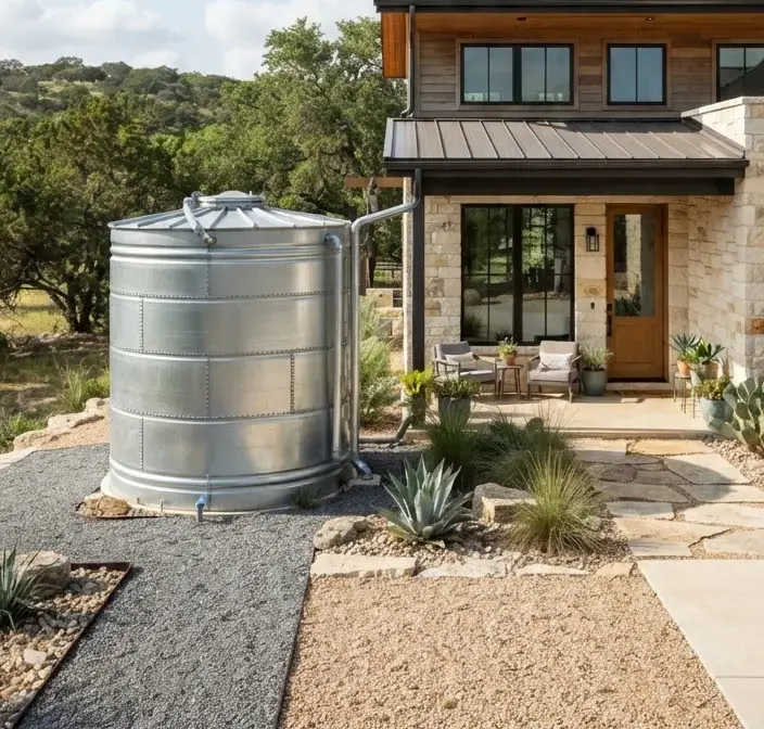 Cylindrical architectural galvanized metal rainwater catchment tank beside a modern Texas Hill Country home surrounded by limestone gravel.