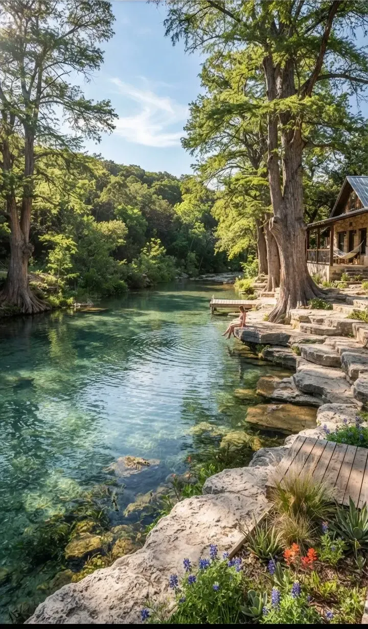Cypress creek frontage property in Wimberley Texas with crystal clear natural swimming holes, towering bald cypress trees, and tranquil…