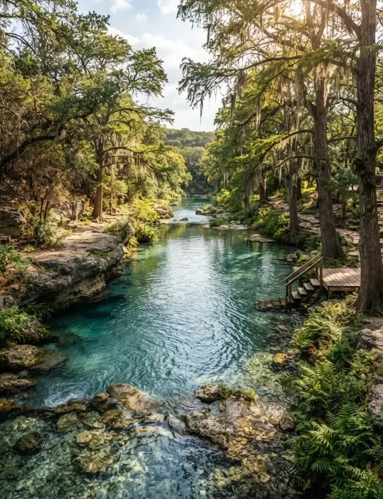 Cypress-lined spring run in Wimberley Texas with pristine crystal clear swimming holes and shade-covered limestone riverbanks in quiet Hill…