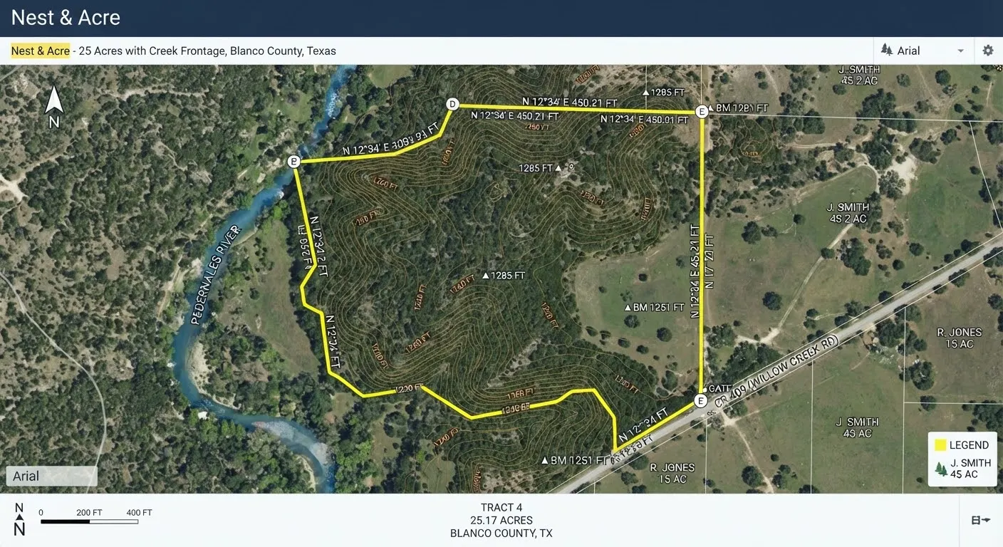 Detailed surveyor topographic cadastral satellite map view of acreage in Blanco County Texas with clear perimeter parcel yellow line boundary,…