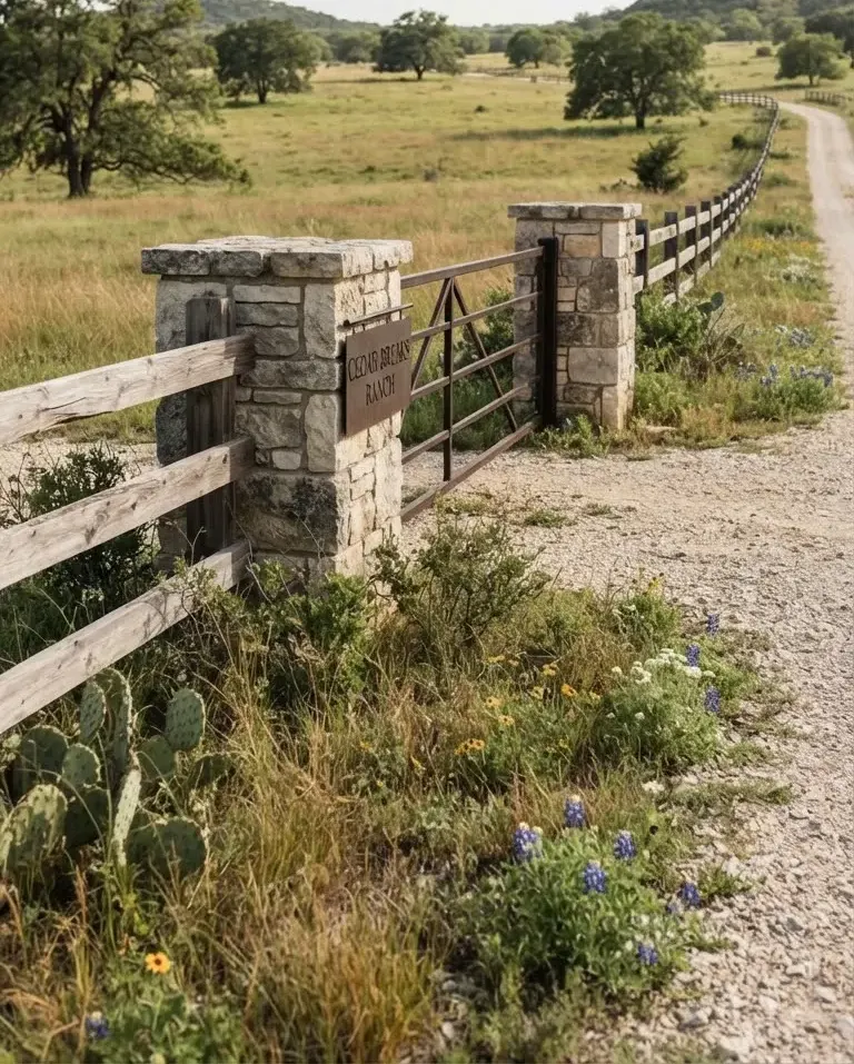 A country road gated entry with limestone gateposts and weathered cedar split-rail fencing leading into open oak savanna pasture on a Texas Hill…