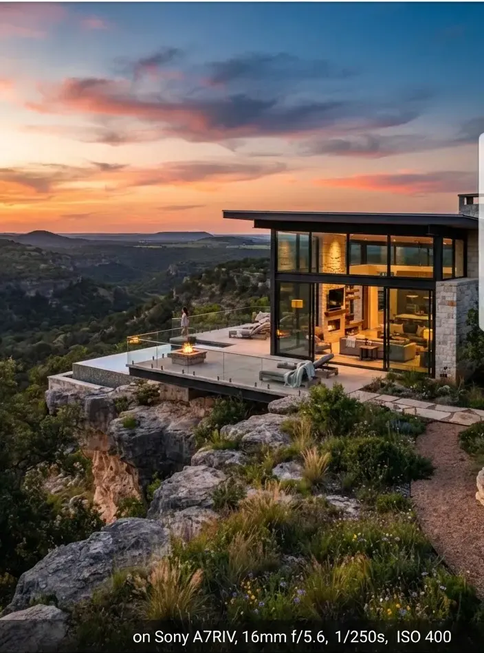 Dramatic Hill Country escarpment property overlooking rugged canyon terrain in Willow City Texas during sunset.