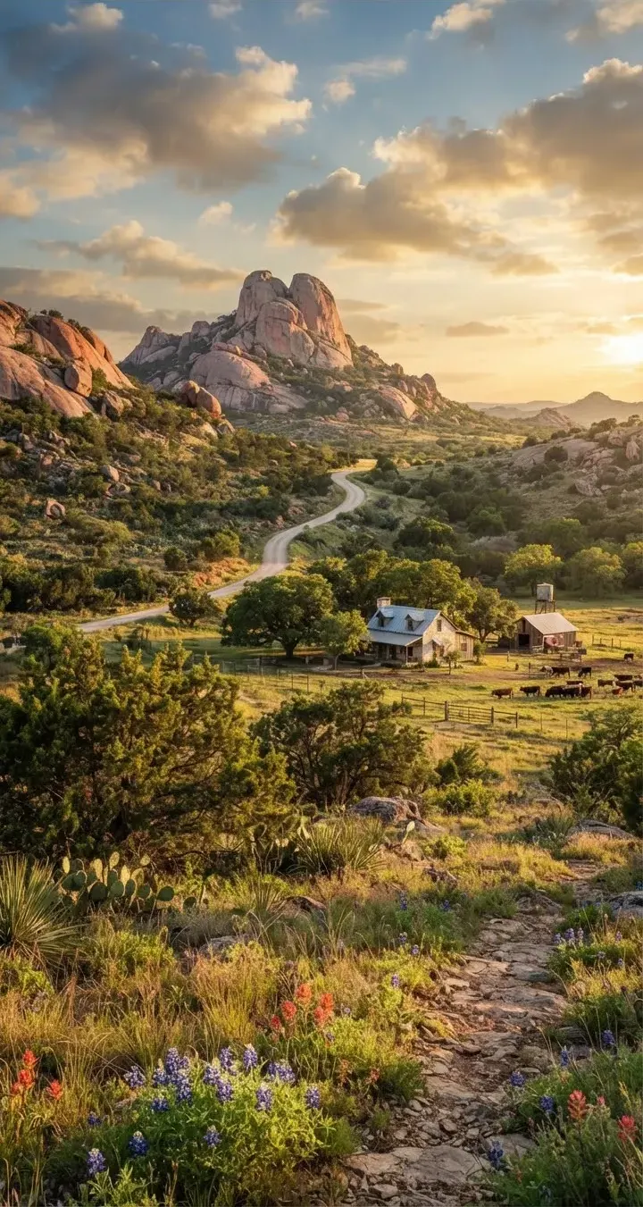 Dramatic pink granite domes and rugged cedar scrub vegetation on a 35-acre Llano County ranch holding in late afternoon warm light.