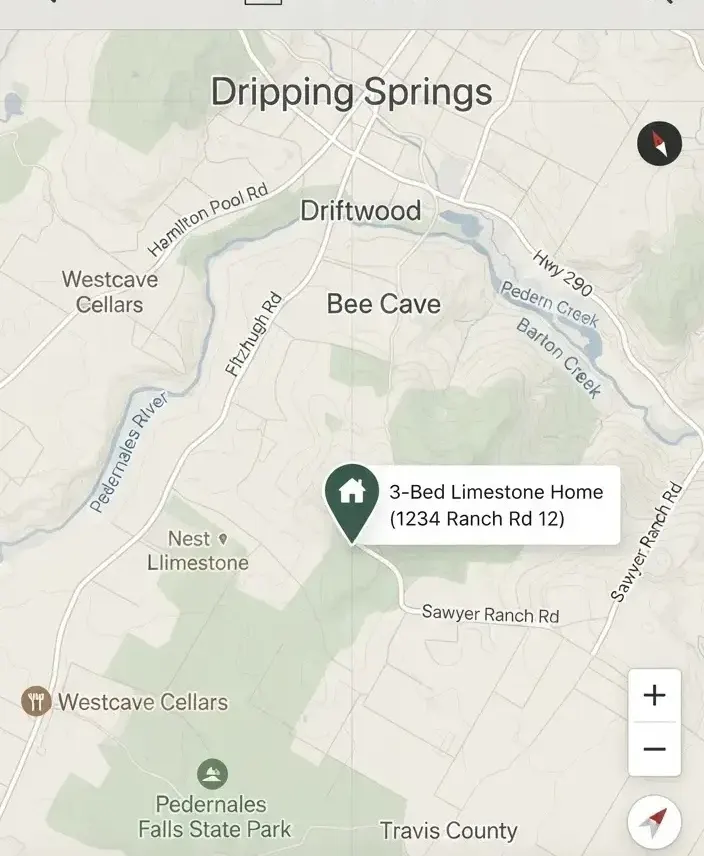 Map of the Dripping Springs area marking the location of 420 Limestone Ridge Rd