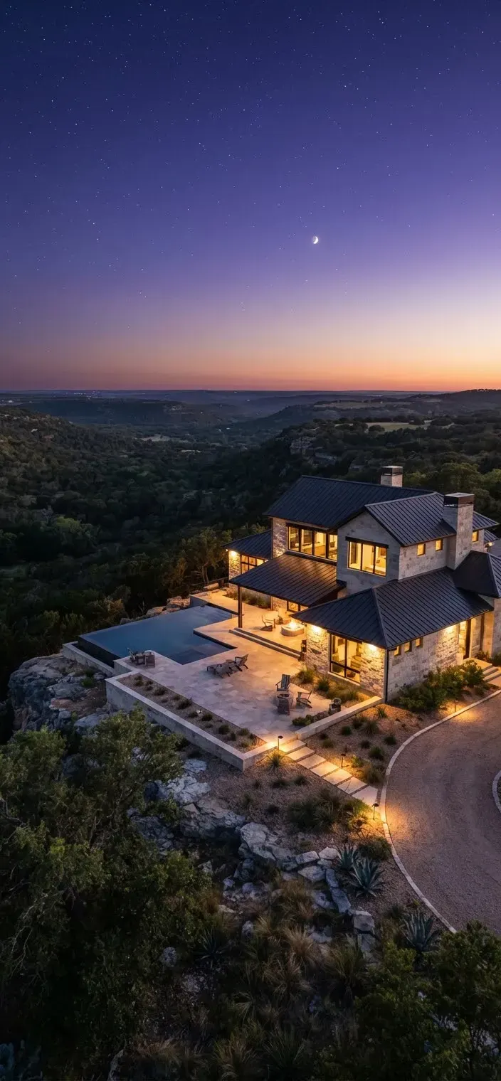 A secluded modern limestone Texas ranch overlooking vast cedar and live oak valleys under a twilight violet sky with stars beginning to appear and…