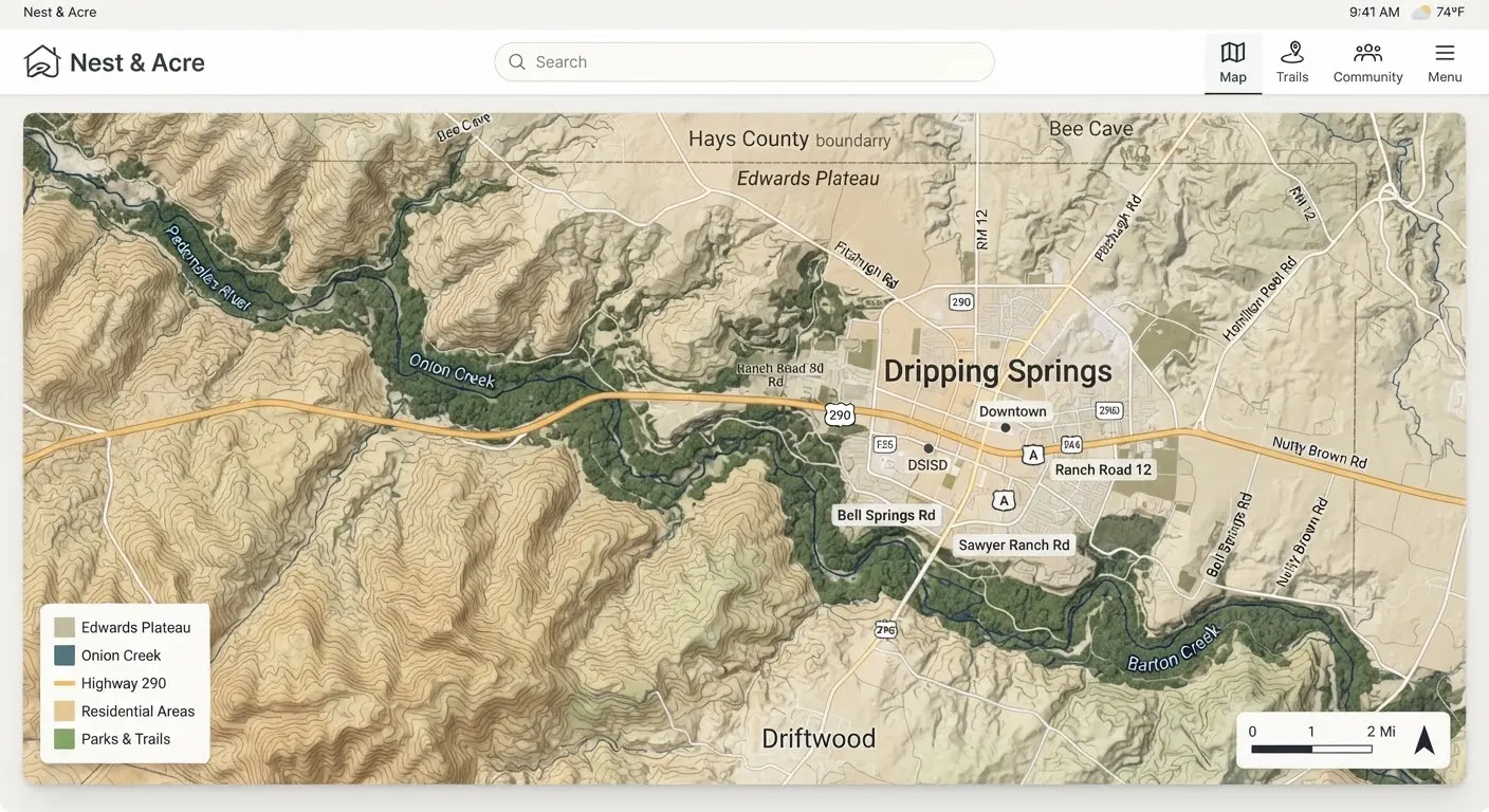 Editorial cartographic satellite relief map of Dripping Springs Texas and Hays County with precise geographic contours showing Edwards Plateau…