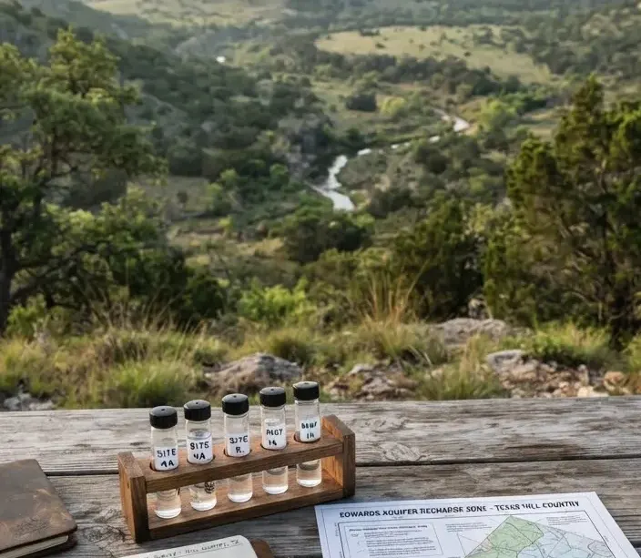 Geological surveyor equipment with water sampling vials, field notebook, and Edwards aquifer map on an oak table looking out over a pristine Texas…