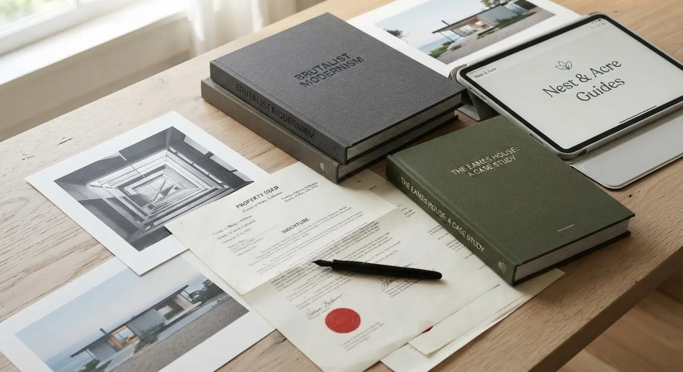 Heavy linen-bound architectural monographs, property deeds, and high-format photographic prints arranged on a raw white oak study table.