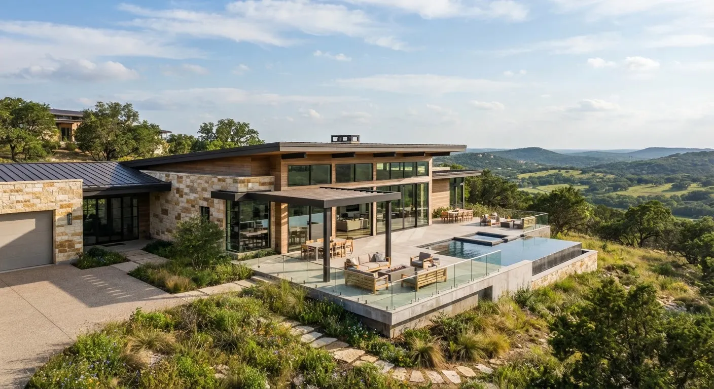 A contemporary single-story estate residence in Dripping Springs Texas with low-slung roofline, limestone walls, extensive glass doors, and a…