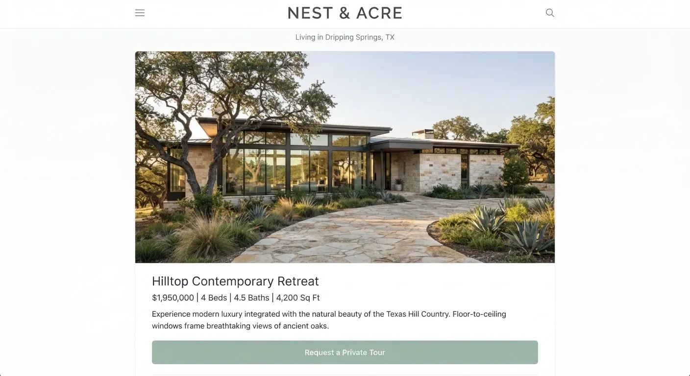 A contemporary single-story limestone estate home in Dripping Springs Texas.