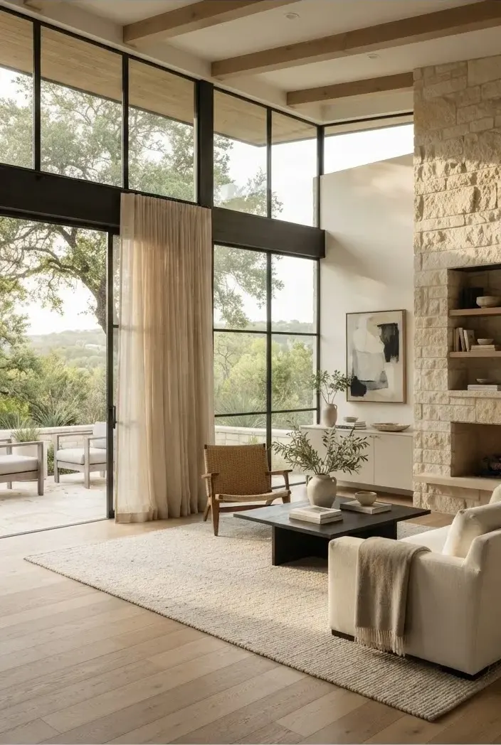 An airy, sun-drenched Austin modern architectural residence with minimalist white oak flooring, limestone detailing, natural linen drapery, and…