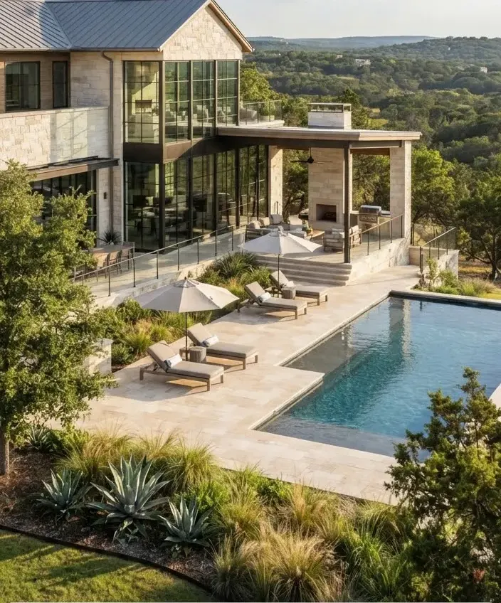An architectural masterpiece estate in Caliterra with clean limestone masonry, floor-to-ceiling iron-framed windows, and manicured terrace…