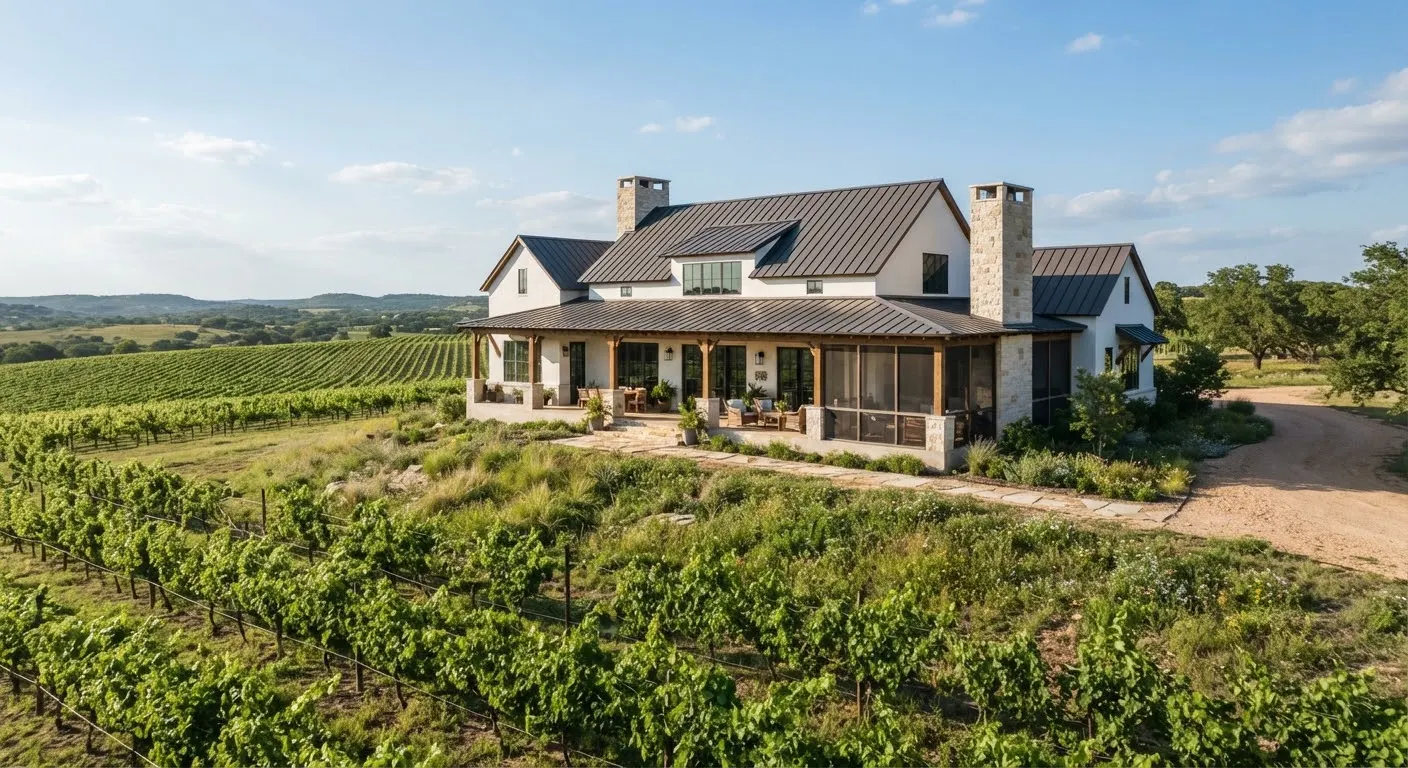 An elevated modern farmhouse in Fredericksburg Texas with standing seam metal roof, white plaster walls, limestone fireplace chimneys, and wrapped…