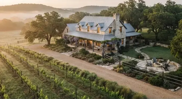 An expansive historic limestone farmstead with boutique vineyard rows near Fredericksburg Texas.