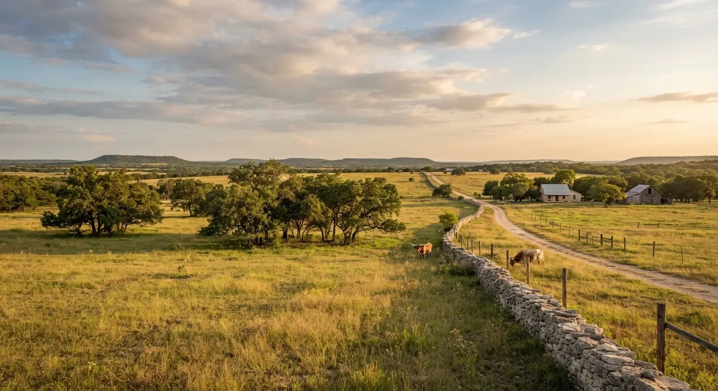 Peaceful flat ranch land pasture in Dripping Springs Texas with cedar elm and post oak groves, low stone walls, and endless big Texas sky under…