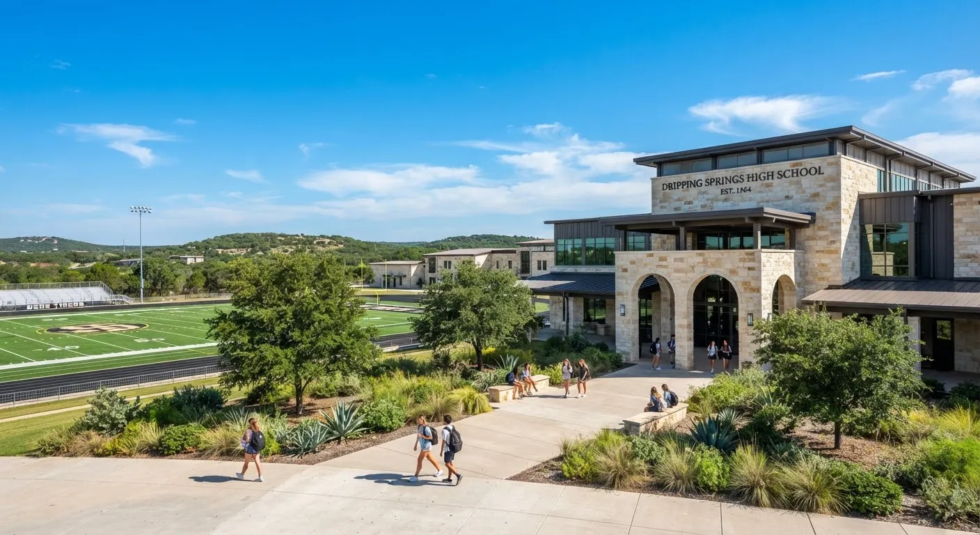 The modern, limestone exterior of a Texas Hill Country high school campus in Dripping Springs.