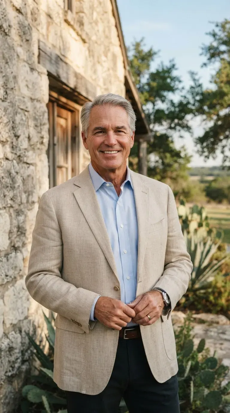 A distinguished Texas land broker with warm natural lighting in front of an architectural limestone facade, wearing an unstructured natural linen…