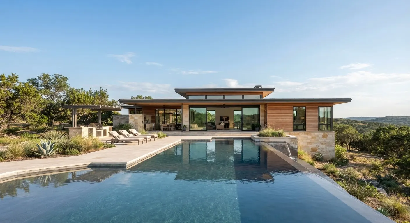 A contemporary single-story ranch home in Dripping Springs Texas, showing clean horizontal roof planes, natural cedar cladding, and an infinity…