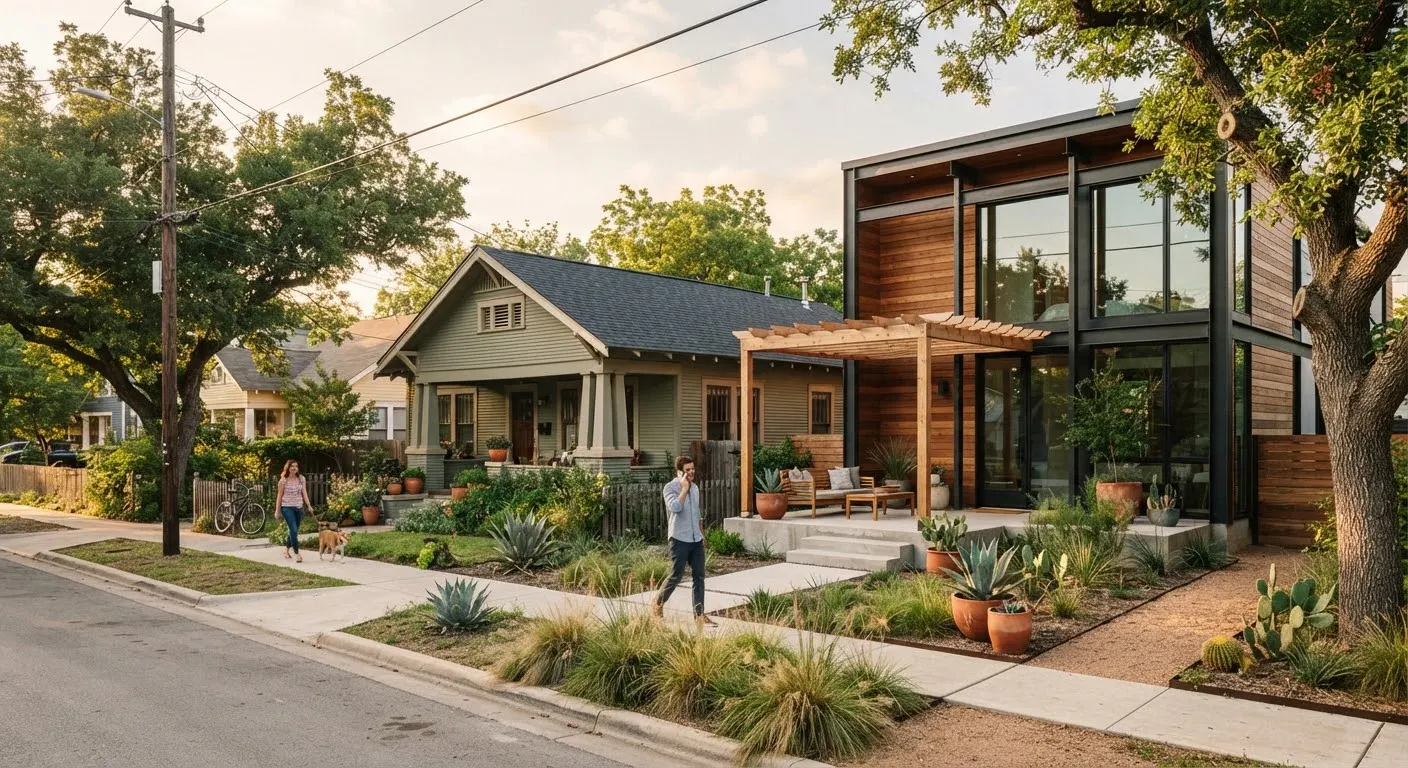 A street in East Austin featuring a tasteful architectural conversion of a vintage craftsman bungalow alongside minimalist steel-and-timber dwellings.