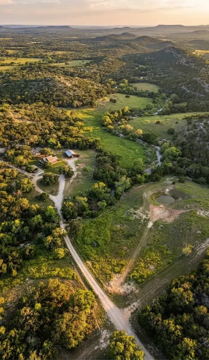 Undulating Hill Country acreage in Gillespie County Texas, showcasing mature post oaks, rolling native pastures, and dramatic cedar ridges during…