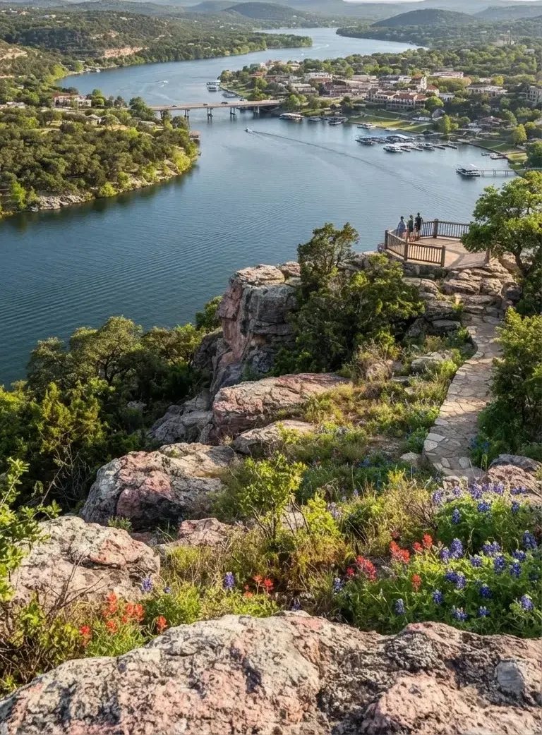 Elevated vista overlooking Lake Marble Falls with granite outcrop features and scenic highland ridges meeting deep tranquil reservoir waters.