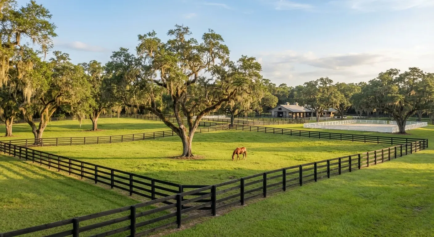Equestrian parcel in Marion County, Florida featuring magnificent ancient live oak trees draped in subtle Spanish moss over rolling lush green…